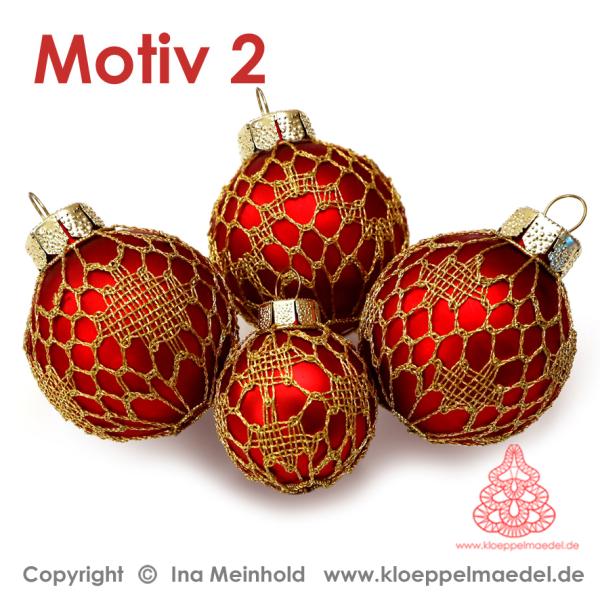 488 Klöppelbrief Verzierungen für kleine Christbaumkugeln "Goldglanz"  6 verschiedene Muster - Motiv 2